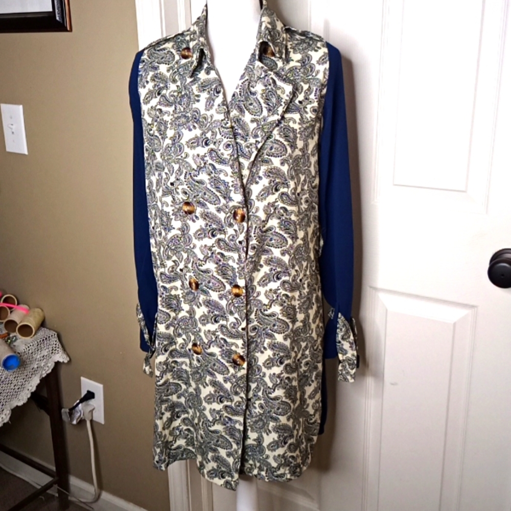 Double Breasted Blazer Dress 80s Vibe Fleur De Lis Pattern w/ Sheer Slee…